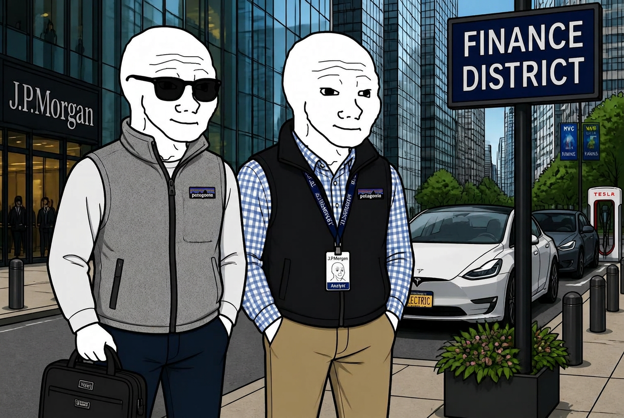 Two wojak finance bros in vests outside an office tower