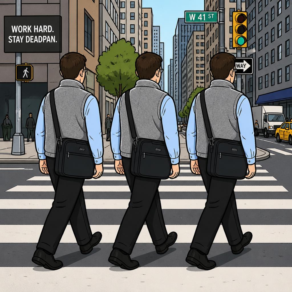 Three identical men in grey vests crossing the street