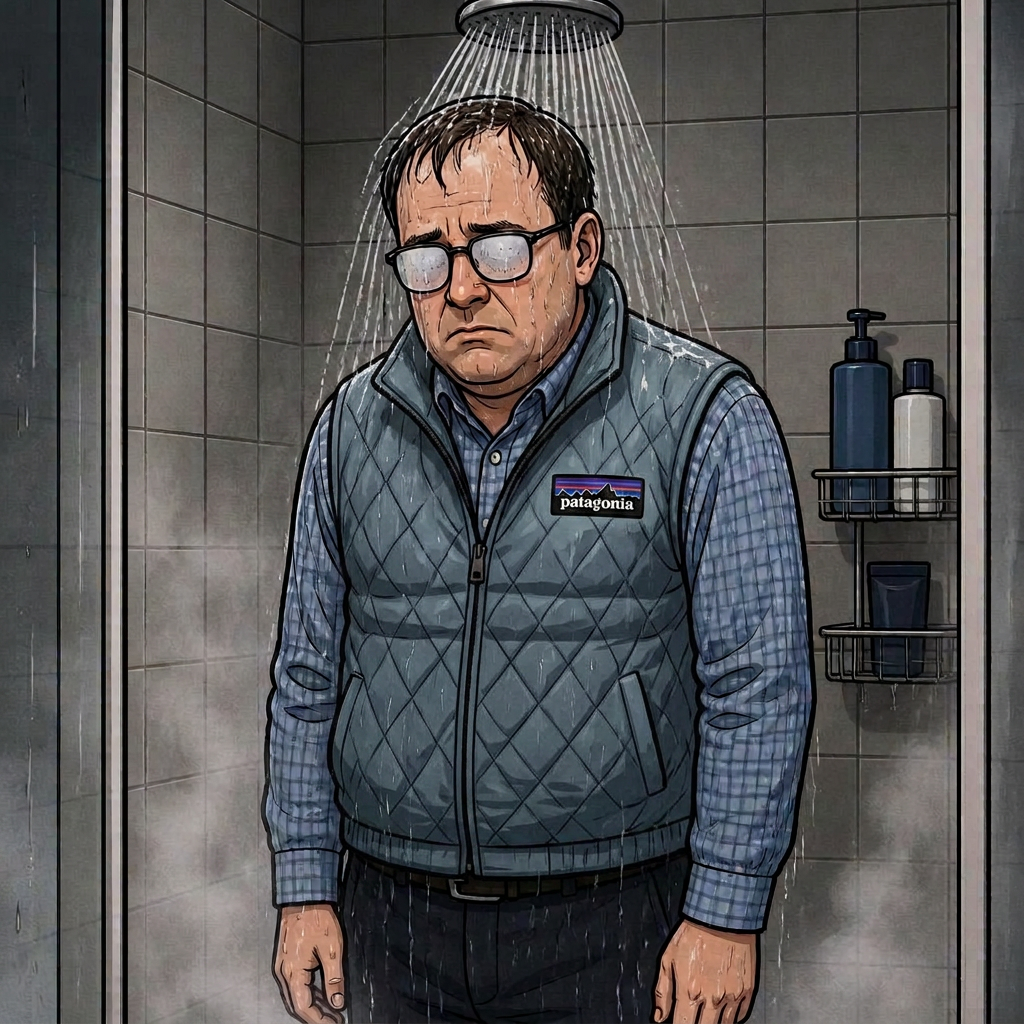 A finance bro showering in his Patagonia fleece vest